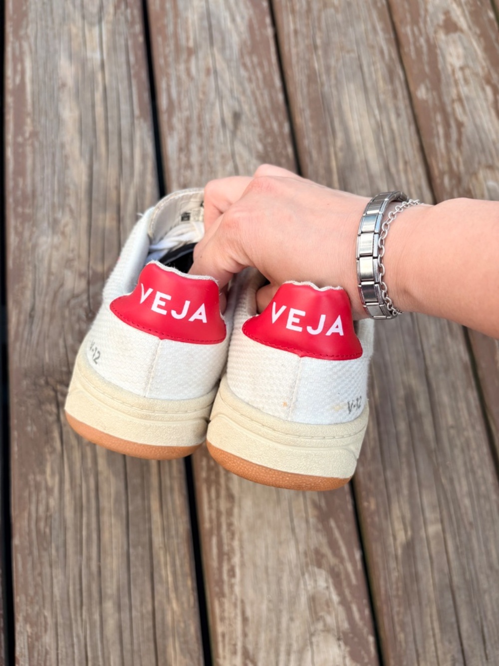 Veja V-12 Sneakers – White w/ Pink Logo & Gum Sole (Women’s 5) - Picture 6 of 8